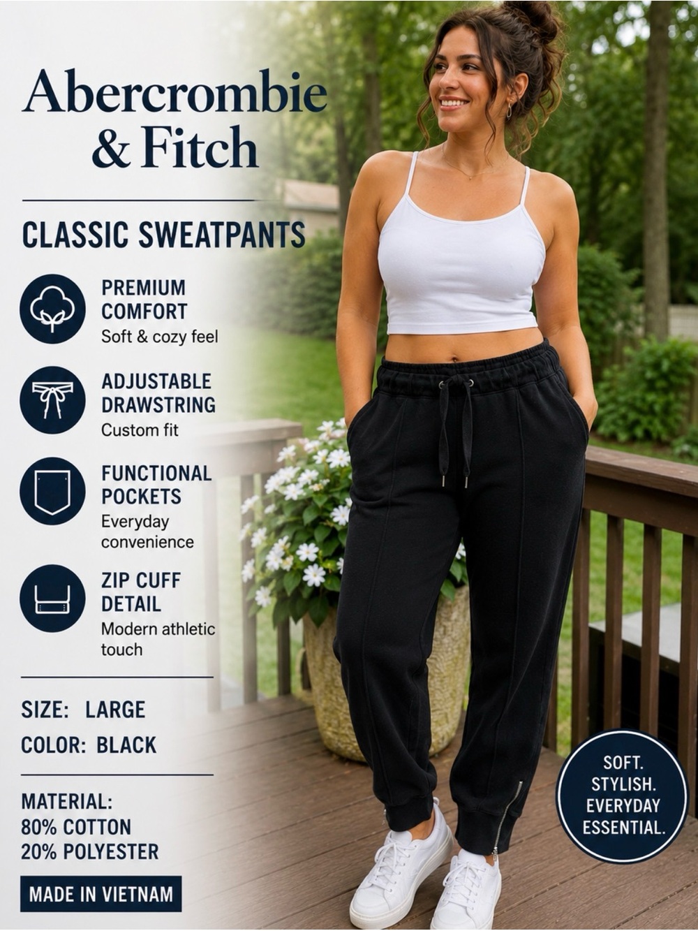 Abercrombie & Fitch Black Classic Jogger Sweatpants size L Large zip ankle